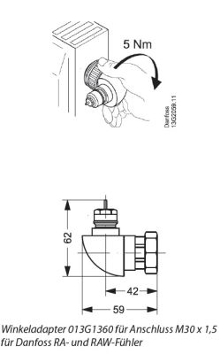 Danfoss Winkeladapter für RAW Fühlerelemente mit Ventilanschluss M30x1.5 - 013G1360