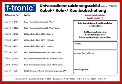f-tronic Universalkennzeichnungsschild BSKS F-Tronic